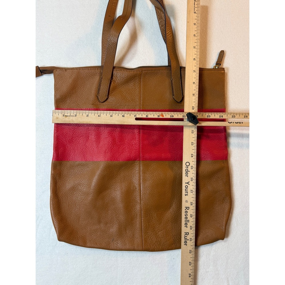 GAP Leather Tote Bag Brown‎ Red Colorblock Zip Top Shoulder Purse Large Carryall - Picture 3 of 10